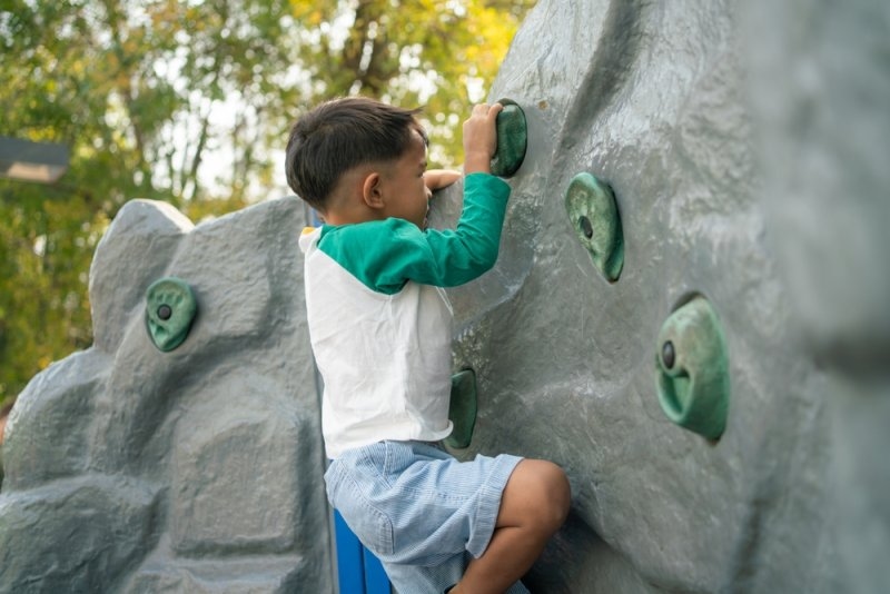 Young child climbing an outdoor rock wall using colorful handholds in a wooded setting.