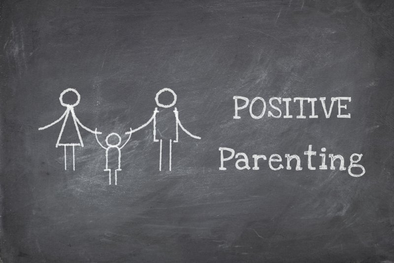 Positive parenting text with family drawing on blackboard background.