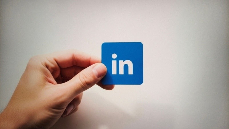 Hand holding a blue LinkedIn logo icon against a plain background.