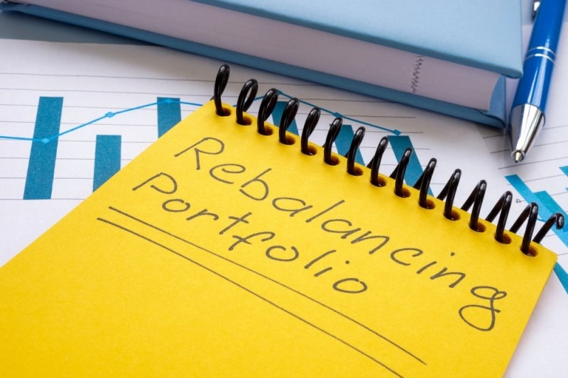 Yellow notebook labeled “Rebalancing Portfolio” placed over financial charts.