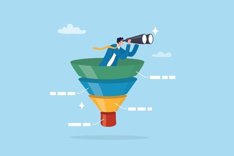 Business professional using binoculars from a sales funnel.