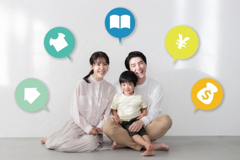 Parents and child sitting together with icons representing education, clothing, money, and family needs.