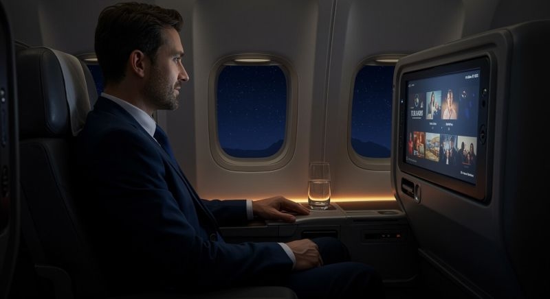 man watching tv in flight at night