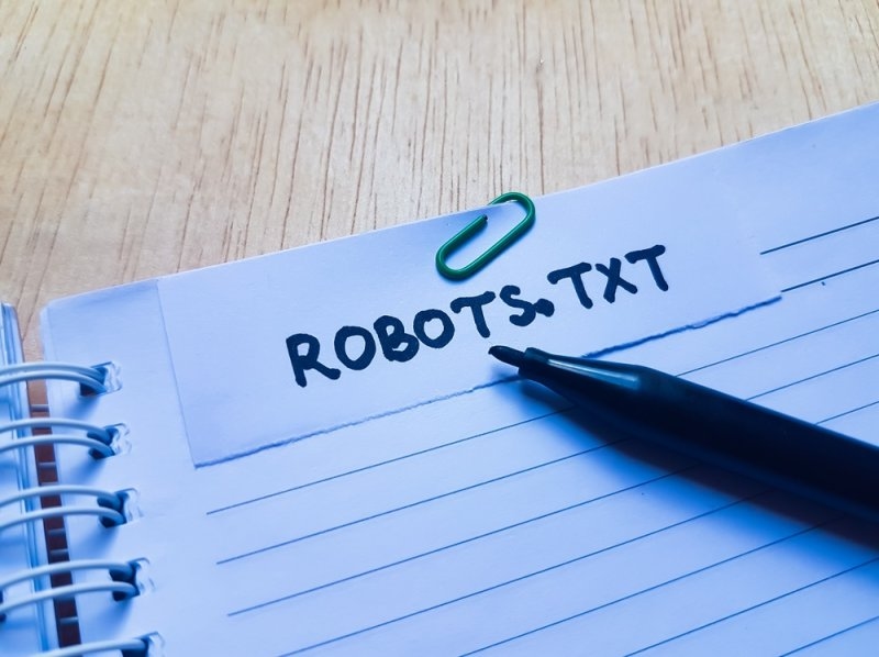 Close-up of a handwritten “ROBOTS.TXT” label on a lined notebook, with a green paper clip and black pen,
