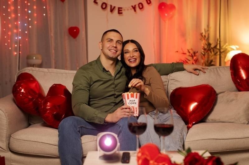 Couple sitting on a couch during a romantic movie night with popcorn, wine, heart-shaped balloons, and warm decorative lights.