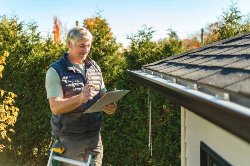 A contractor examines a home's roof and gutters while taking notes on a clipboard.