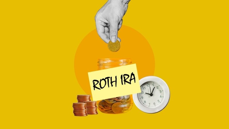 Hand placing a coin into a savings jar surrounded by stacked coins and a clock, with a yellow label reading “ROTH IRA,”