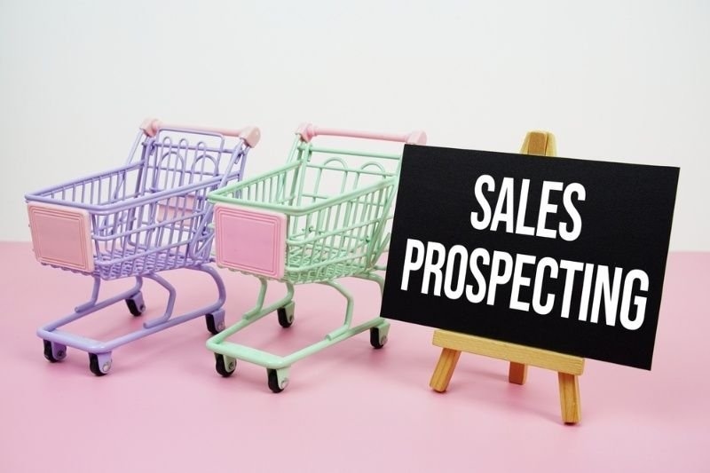 Sales Prospecting text message and trolley shopping cart on pink background.