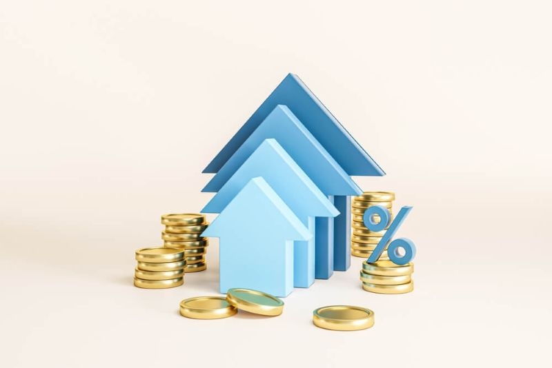 Blue abstract house sign with stack of gold coins on background