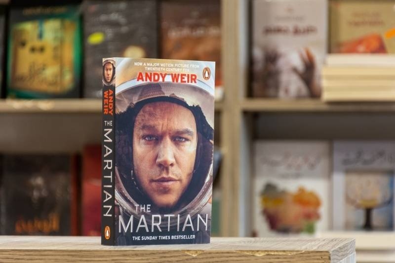 Close-up of Andy Weir's The Martian novel in the bookshop.