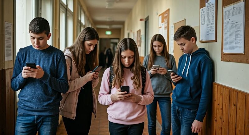 group of friends using mobiles indoors