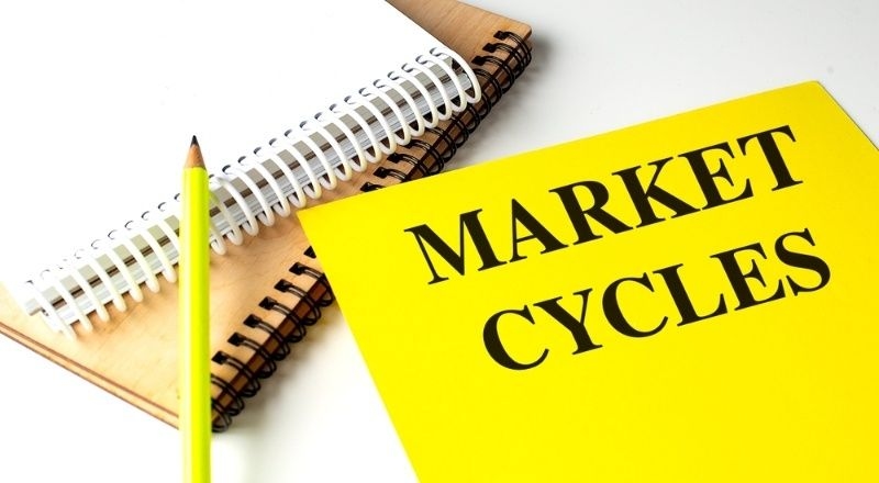 Notebook and pencil beside a yellow card labeled ‘Market Cycles.’