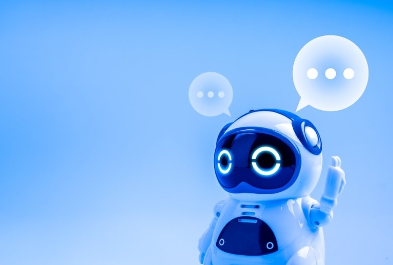 White smart 3d robot raising hand with speech bubbles