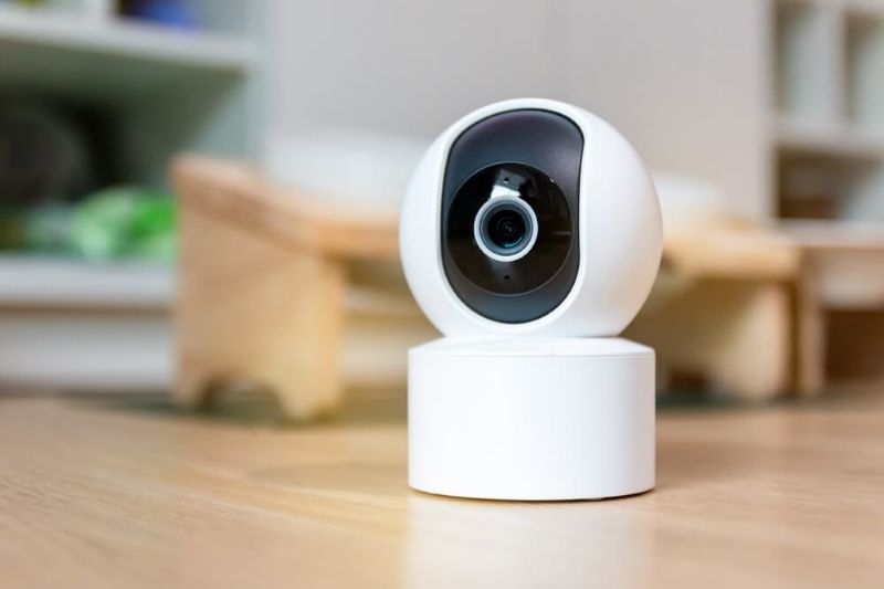 close up security cctv camera on the floor in smart home 