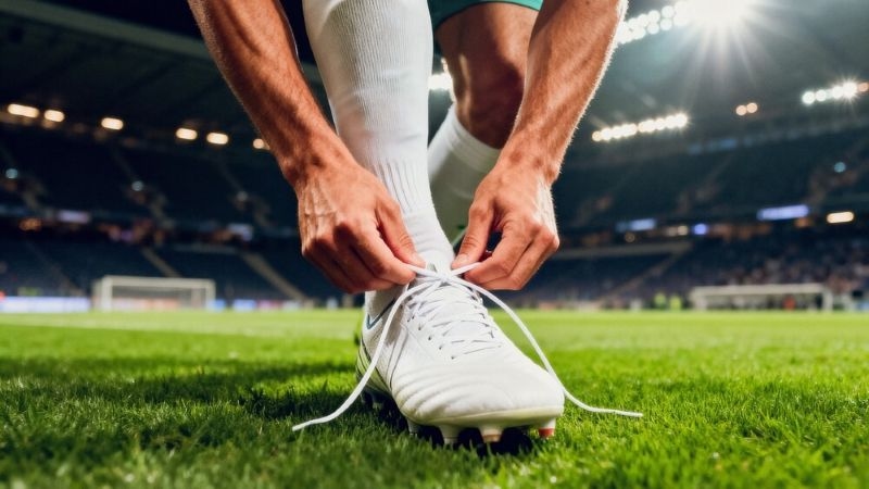 soccer player wearing white socks tying his shoes
