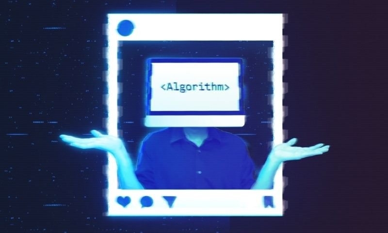 A stylized digital illustration shows a person inside a social media interface, with a computer monitor displaying “<Algorithm>.”