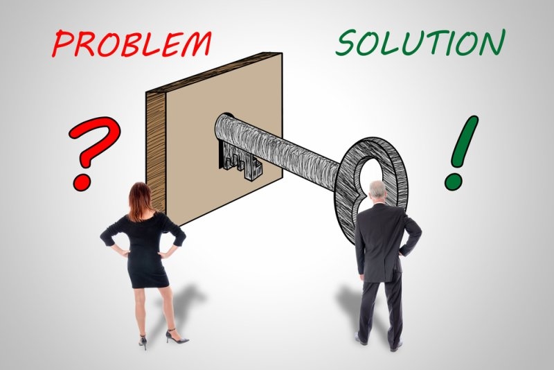 Illustration contrasting “Problem” and “Solution,” with two people facing a large key and keyhole.
