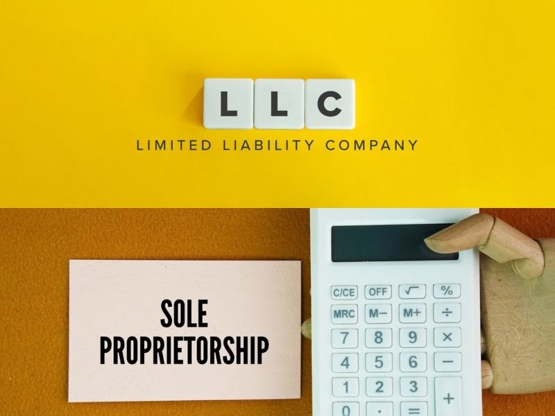 A graphic comparing an LLC, labeled “Limited Liability Company,” with a sole proprietorship and a calculator.