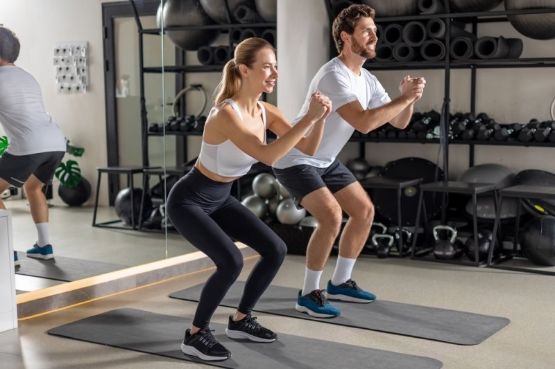 Two young people exercising in the gym in squatting position
