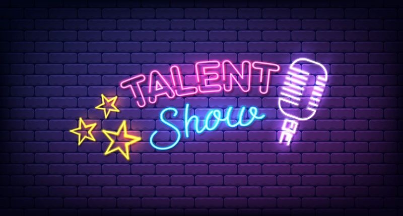 Talent show neon sign poster with stars and microphone