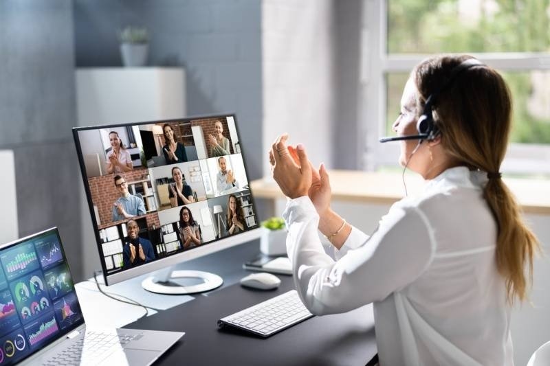 Online Video Conference Virtual Meeting On Multiple Screens.