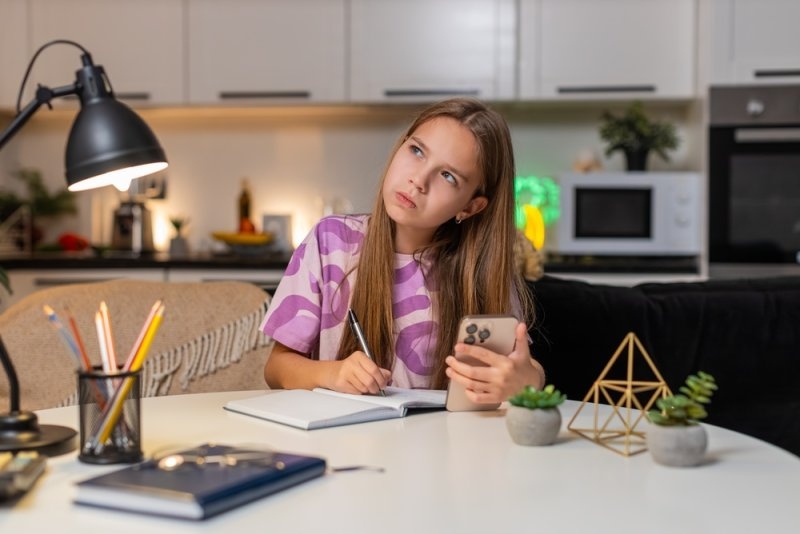 A young student doing homework while using a smartphone.