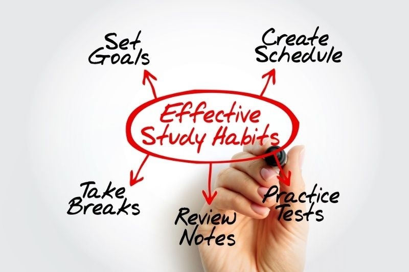 Handwritten diagram of effective study habits with steps like setting goals, reviewing notes, and practice tests.