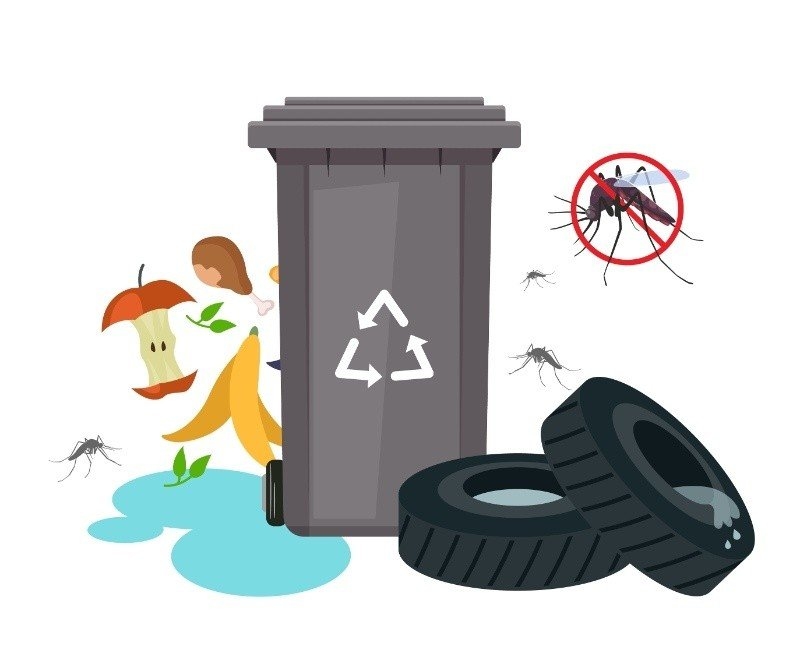 Illustration of a recycling bin, discarded tires, organic waste, and mosquitoes.