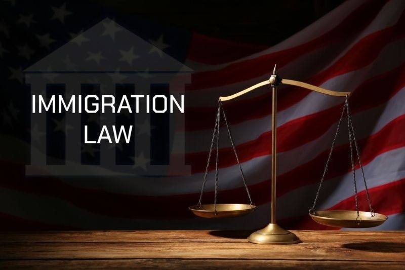 Scales of justice with American flag background and the words ‘Immigration Law.’
