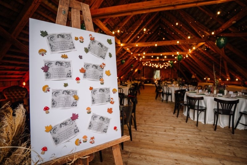 Wedding seating chart with guest cards displayed on an easel at a rustic reception venue decorated with warm string lights.