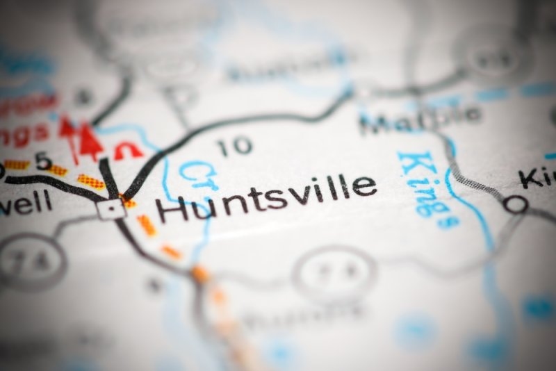 Close-up view of a map highlighting Huntsville and surrounding roads and locations.