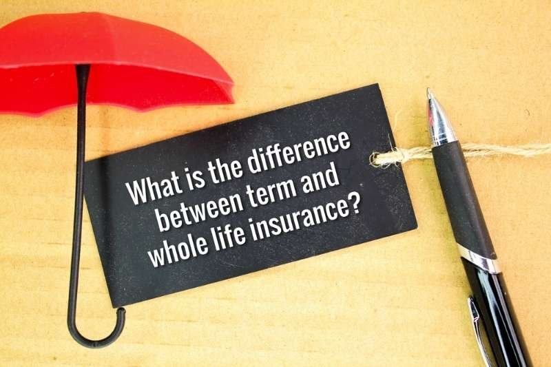 A sign asks, “What is the difference between term and whole life insurance?” alongside an umbrella and pen.