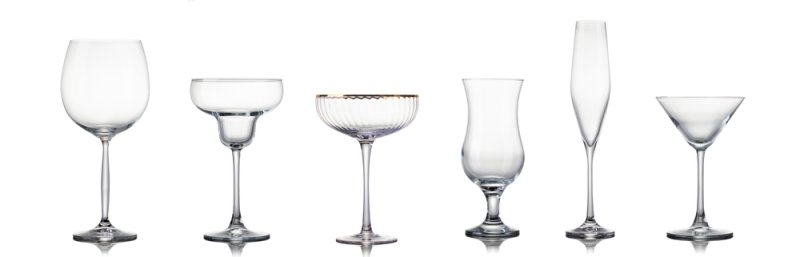 Set of different empty glasses for drinks and cocktails on white background with clipping path.