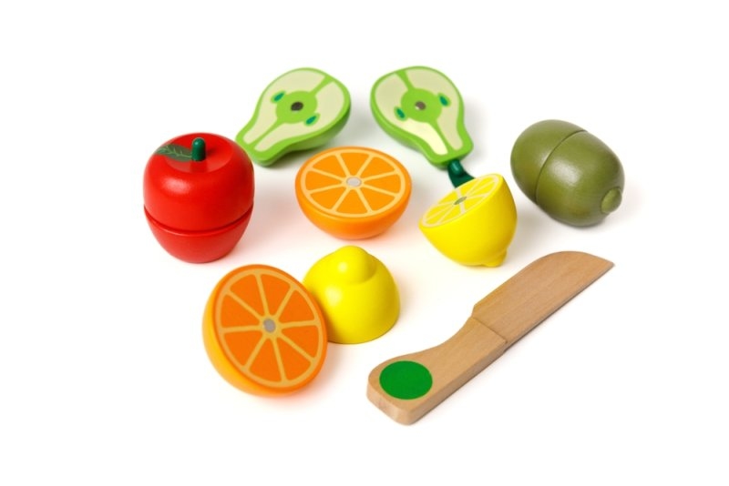 children's set of toys in the form of cut fruits and a wooden knife,